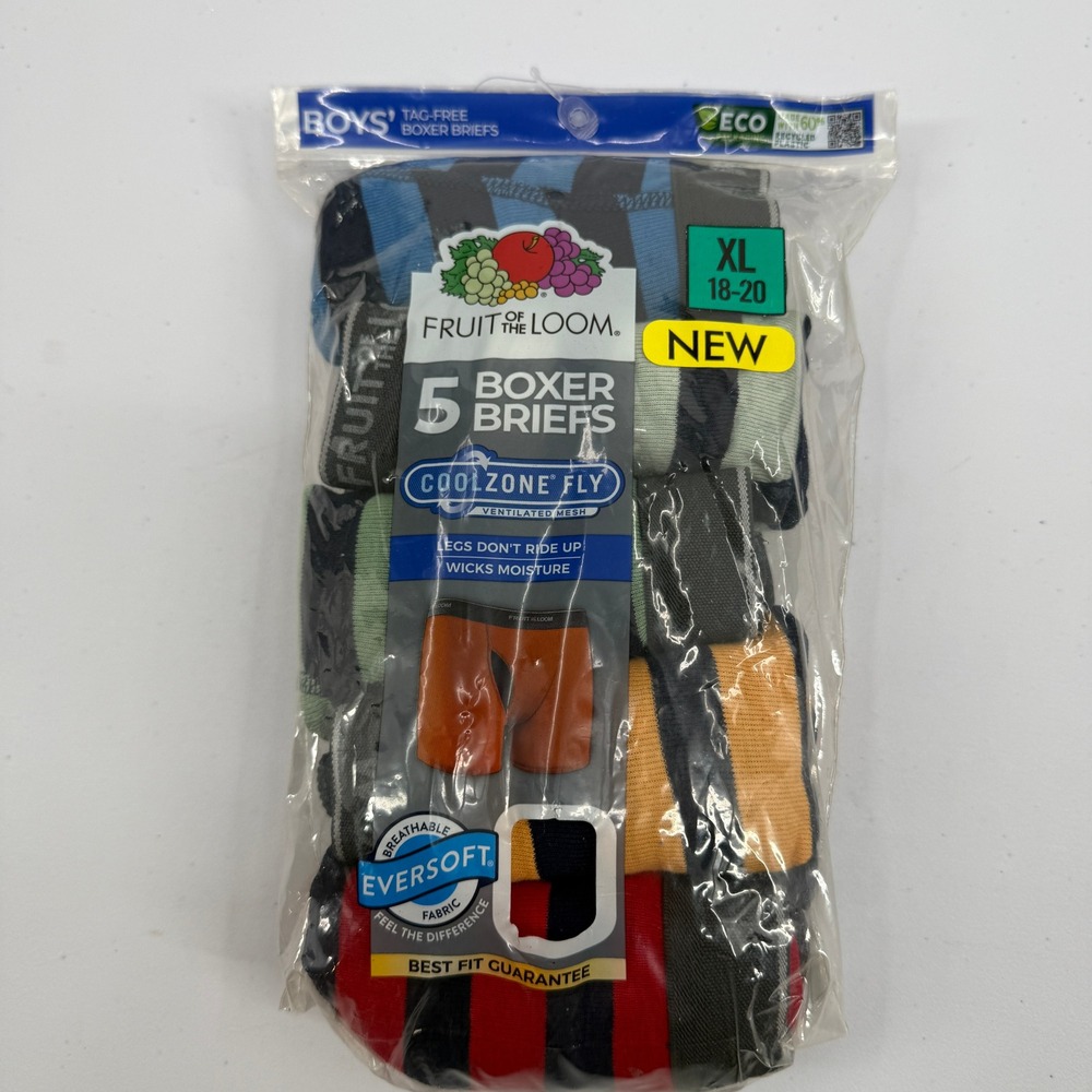 Fruit of the Loom Boxer‎ Briefs Boys XL 18-20 Multicolor 5 Pack CoolZone Fly